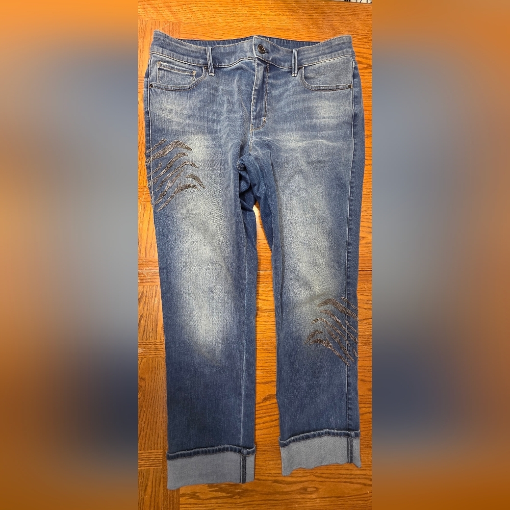 White House Black Market Blue Sz 14 Cropped Jeans Tigger Striping Silver Beading